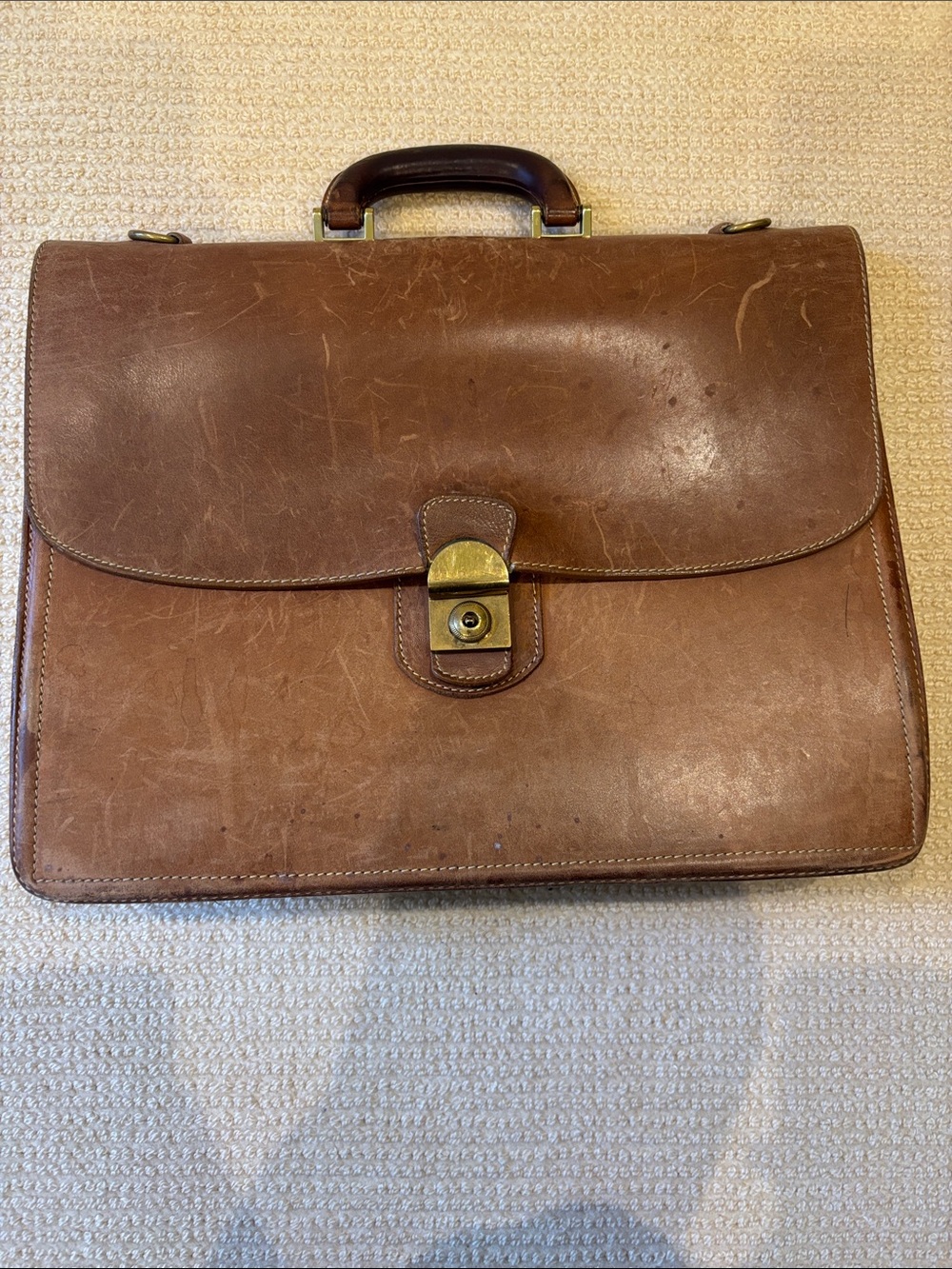 Vintage Brown Leather Briefcase with Brass Lock - Professional Carry